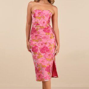 Lulus Upgraded Event Pink Jacquard Strapless Bustier Midi Dress - Size XS